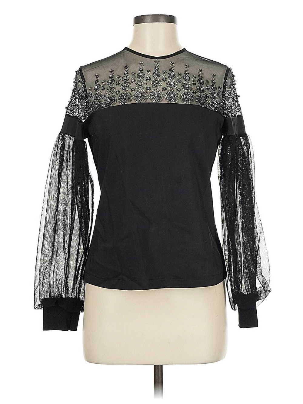 Women's Black Embellished Sheer Sleeve Long-Sleeve Top
